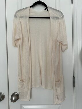 Tahari 100% Linen Cream Open-Front Women's Short-Sleeve Cardigan Lagenlook